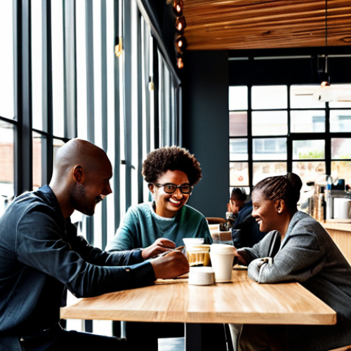 A diverse group of adults of varying ages, fully clothed in modern, modest, and professional attire, gathered in a bustling, contemporary South African coffee shop in Johannesburg. The space features sleek industrial-chic design, large windows letting in natural light, and comfortable seating. Individuals are engaged in various activities: some are working on laptops at communal tables, others are having lively conversations, and a barista expertly prepares a specialty coffee drink with beautiful latte art in the background. The atmosphere is vibrant and inclusive, showcasing the cafe as a community hub. The image should feature perfect anatomy, correct proportions, natural poses, well-formed hands, and proper finger count. This is a high-quality, professional photograph, safe for work, and appropriate content.