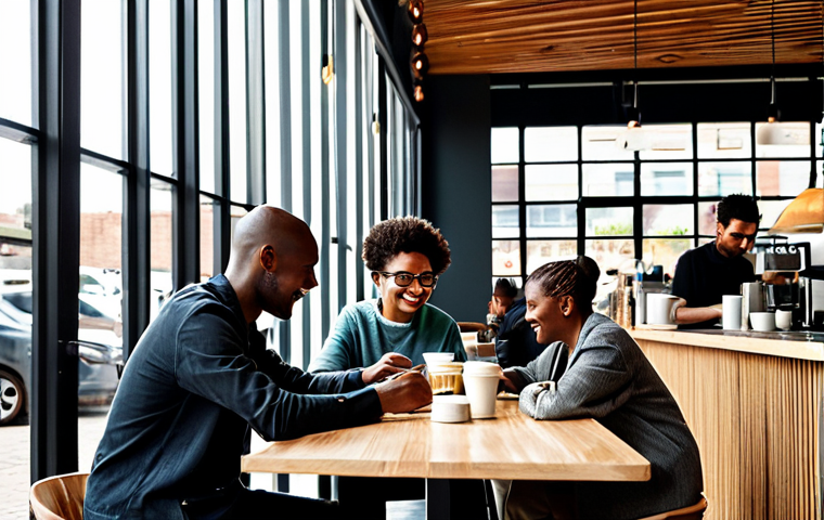 A diverse group of adults of varying ages, fully clothed in modern, modest, and professional attire, gathered in a bustling, contemporary South African coffee shop in Johannesburg. The space features sleek industrial-chic design, large windows letting in natural light, and comfortable seating. Individuals are engaged in various activities: some are working on laptops at communal tables, others are having lively conversations, and a barista expertly prepares a specialty coffee drink with beautiful latte art in the background. The atmosphere is vibrant and inclusive, showcasing the cafe as a community hub. The image should feature perfect anatomy, correct proportions, natural poses, well-formed hands, and proper finger count. This is a high-quality, professional photograph, safe for work, and appropriate content.