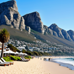 Table Mountain Scenery**

"Majestic Table Mountain viewed from Camps Bay beach, South Africa. Palm trees frame the scene. In the background, the Twelve Apostles mountains rise dramatically. Clear blue sky. Fully clothed tourists stroll along the sandy beach. Safe for work. Appropriate content. Perfect anatomy, correct proportions, professional photography, high quality, family-friendly, natural pose, well-formed hands, proper finger count."

**