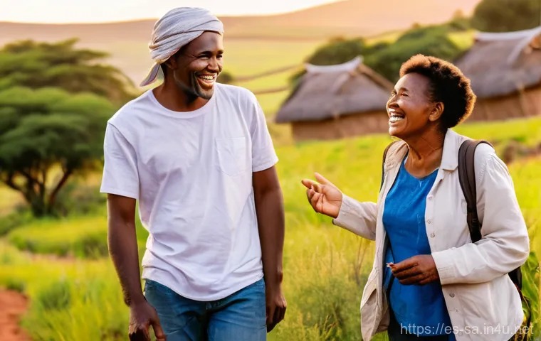 남아공 여행 필수 언어 팁 - **Prompt 1: The Warmth of a Shared Word**
    "A cheerful South African woman, dressed in vibrant, m...