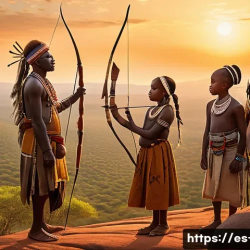 남아프리카 원주민 역사 - A serene outdoor scene depicting a San hunter-gatherer family in traditional attire with minimal nat...