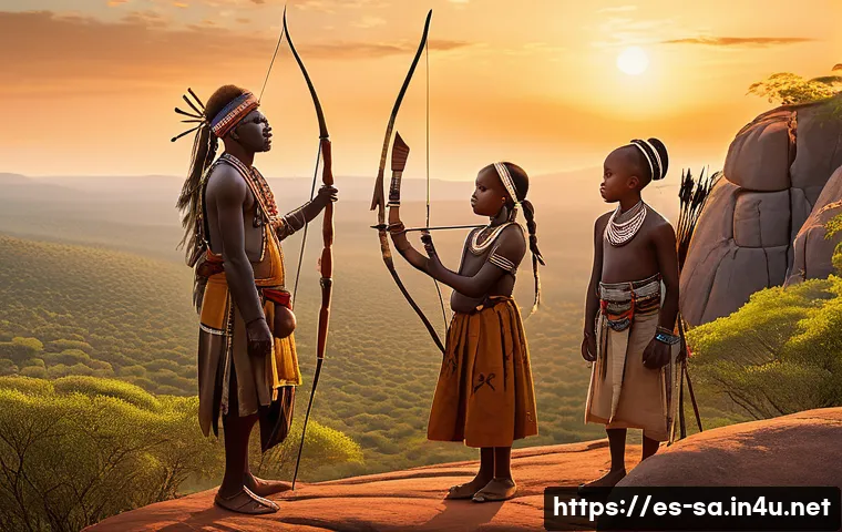 남아프리카 원주민 역사 - A serene outdoor scene depicting a San hunter-gatherer family in traditional attire with minimal nat...