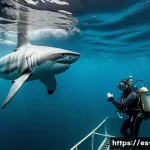 남아프리카 공화국 백상아리 다이빙 체험 - A detailed underwater scene showing a person inside a sturdy steel shark cage submerged in the cold,...