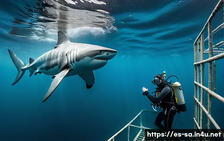 남아프리카 공화국 백상아리 다이빙 체험 - A detailed underwater scene showing a person inside a sturdy steel shark cage submerged in the cold,...