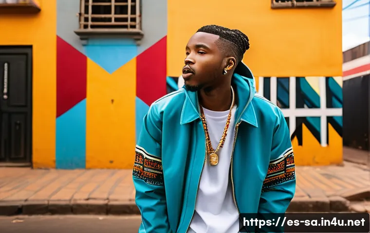 남아프리카 공화국에서 유명한 래퍼 Nasty C - A dynamic urban scene depicting a young South African hip-hop artist performing on a vibrant street ...