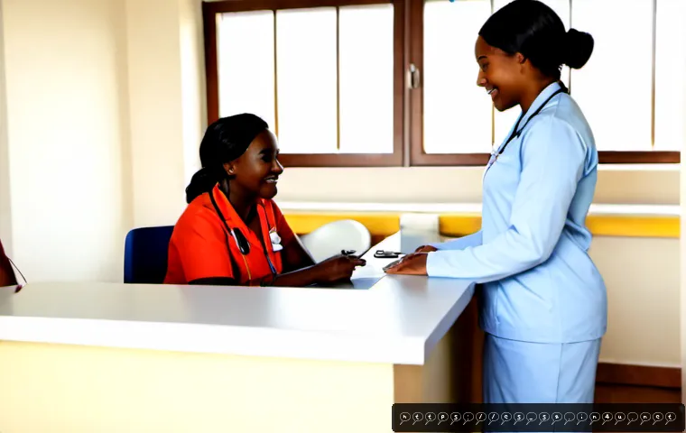 Home 17 남아공 의학 및 병원 이용 가이드 - Photorealistic South African hospital reception scene, friendly Black female nurse assisting a multi...
