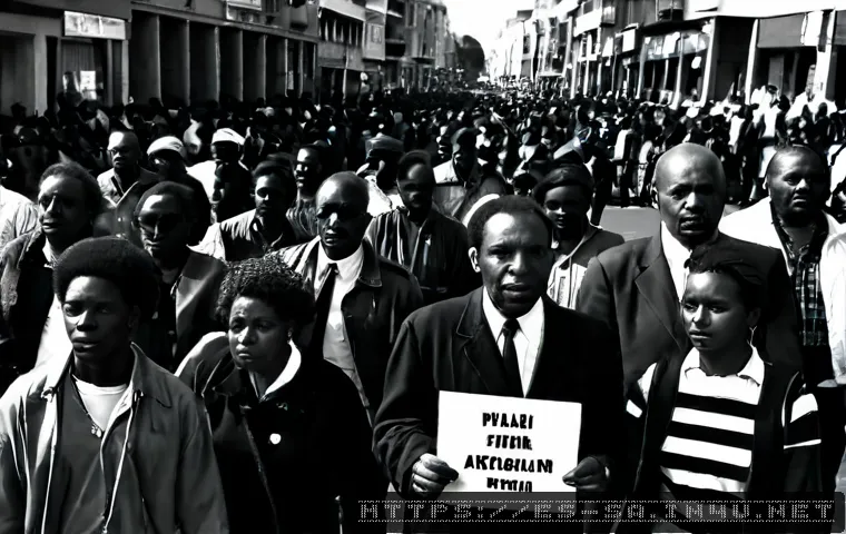 Home 17 아파르트헤이트 철폐 과정 - Photorealistic historical scene of a peaceful anti-apartheid march in South Africa, diverse Black an...