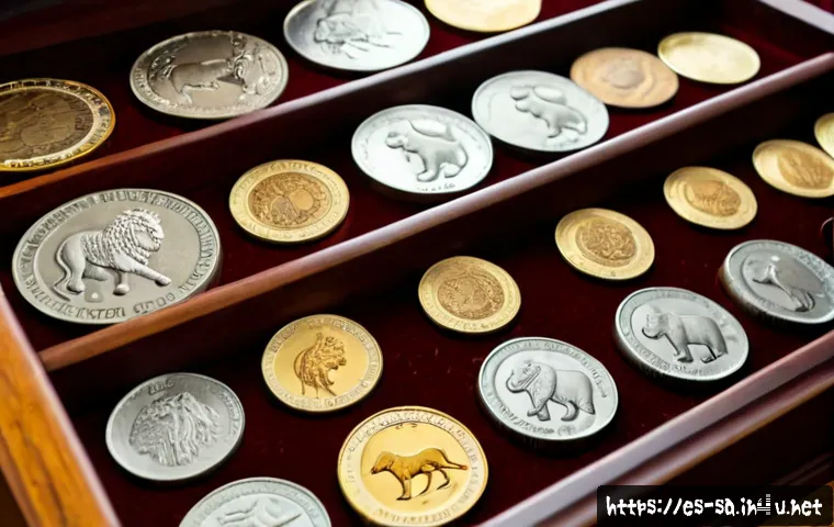 Home 17 남아프리카 공화국 인기 기념주 - Photorealistic close-up of a curated collection of South African commemorative coins arranged in a v...